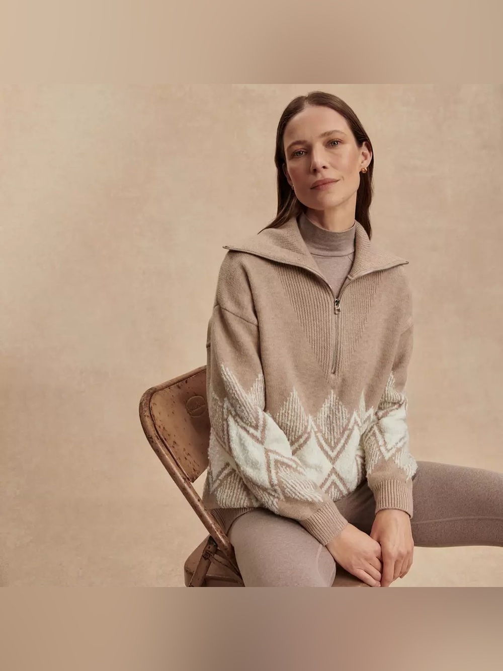 NWT VARLEY Betty Jacquard Half-Zip Light Taupe Quarter Zip Sweater Size Large